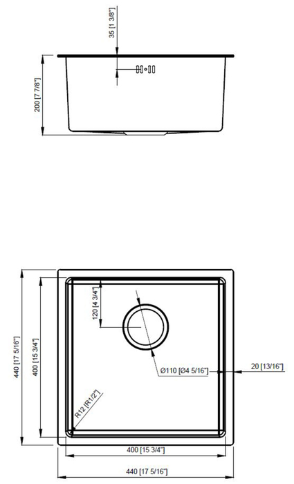 Køkkenvask børstet stål 440 x 440 mm